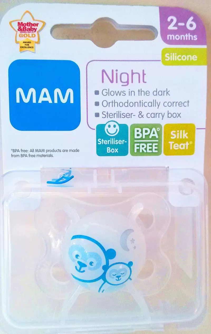 MAM night mini loại 2-6 tháng bộ làm mát bằng silicone, hộp ngủ thoải mái phát sáng với hộp khử trùng vi sóng - Các mục tương đối Pacifier / Pacificer