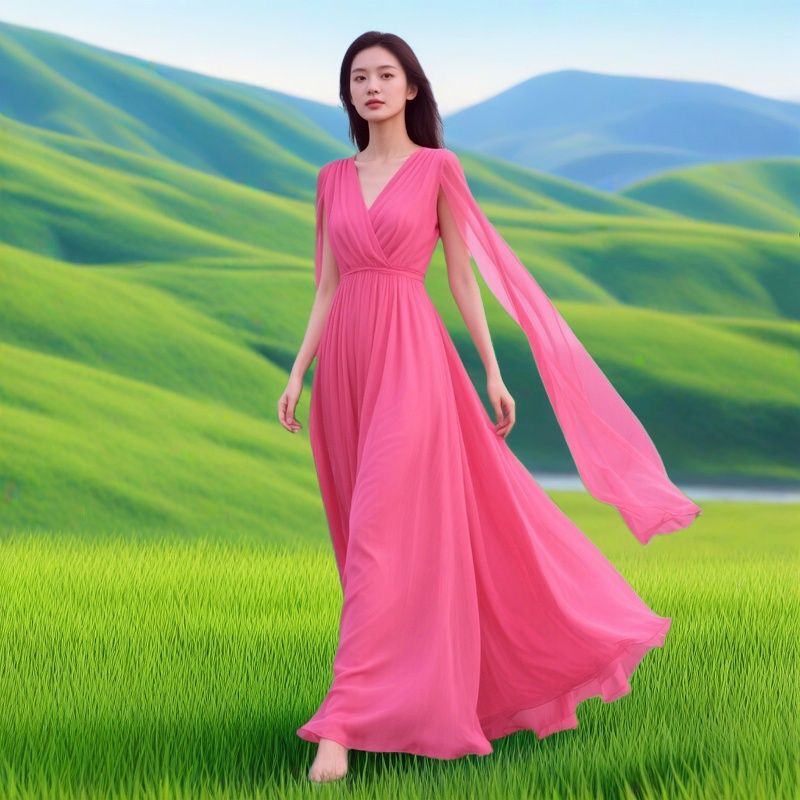 Dopamine High-End Waist-Cinching Elegant Chiffon Summer New Style Premium Dress Seaside Vacation Beach Long Dress Simple