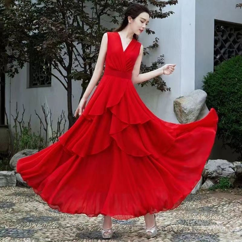 2026 Summer Women's Elegant Retro Red Flowy Chiffon Long Dress with Tail, Large Hem, V-Neck, Beach Vacation Dress 2026 Summer Women's Elegant Retro Red Flowy Chiffon Long Dress with Tail, Large Hem, V-Neck, Beach Vacation Dress