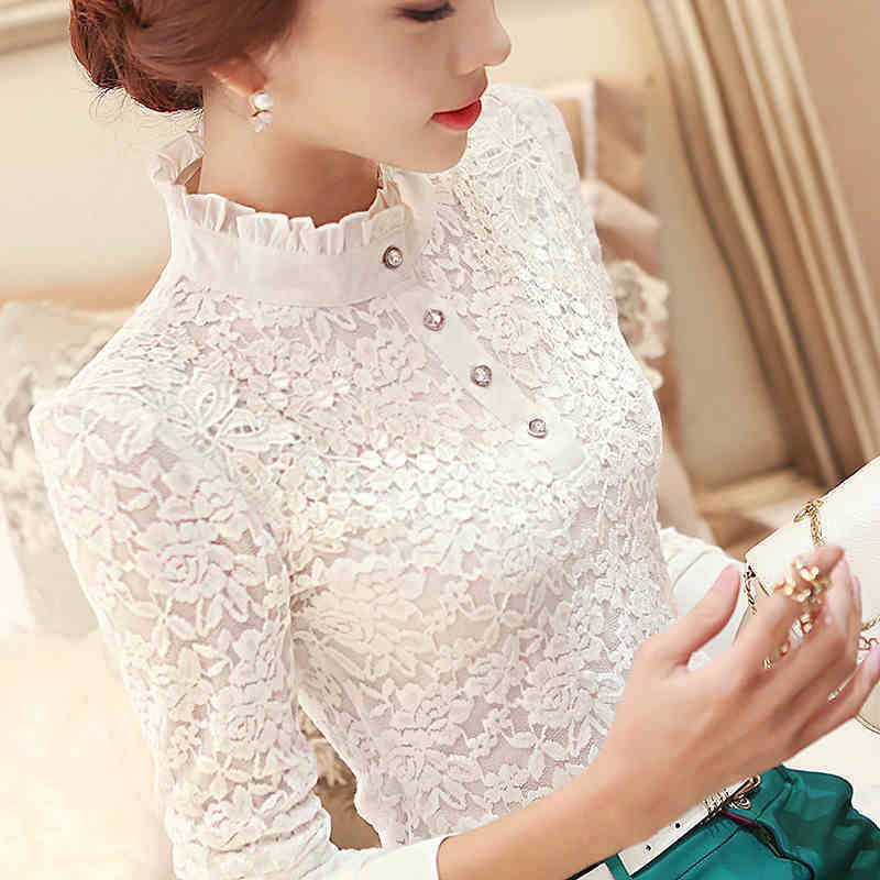 Thin/Velvet Lace Shirt, Base Layer for Women, 2026 Spring Korean Style, Long-Sleeved Slim Fit Stand-Up Collar Lace Top