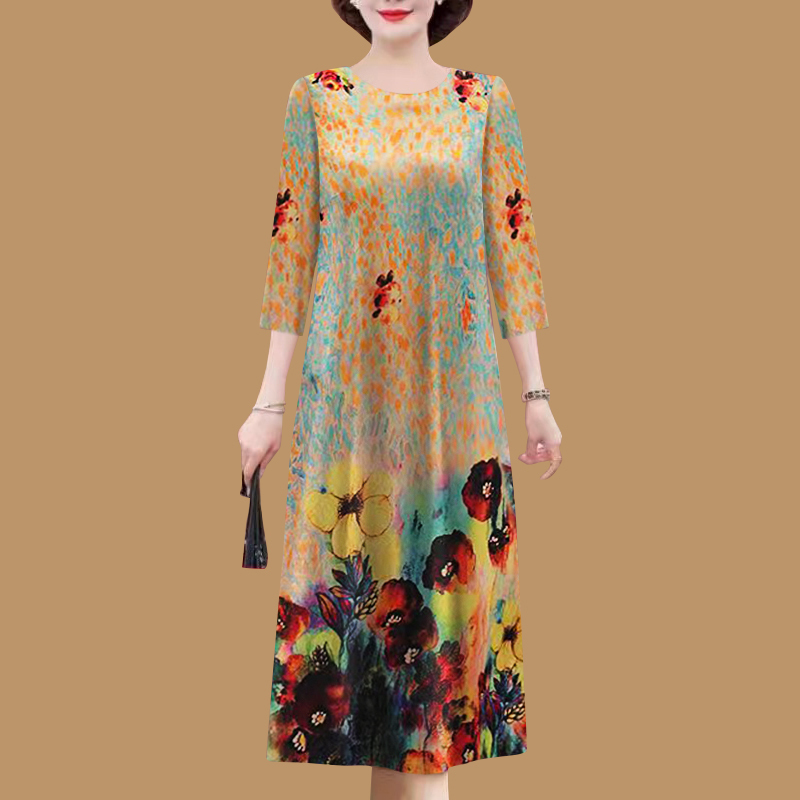 Silk Dress for Women, Mid-Length, Spring and Summer New Style, Large Size, Loose Fit, Tummy-Covering, High-End 2026 Mother's Dress