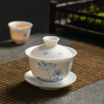 Suet jade porcelain hand-painted cover bowl three talent bowl teacup Dehua white porcelain handmade tea set high-end ceramic kung fu tea bowl