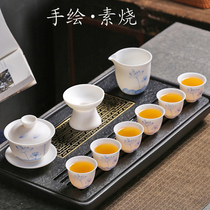 Dehua white porcelain suet porcelain tea set suet hand-painted blue and white porcelain kung fu cover bowl tea set gift