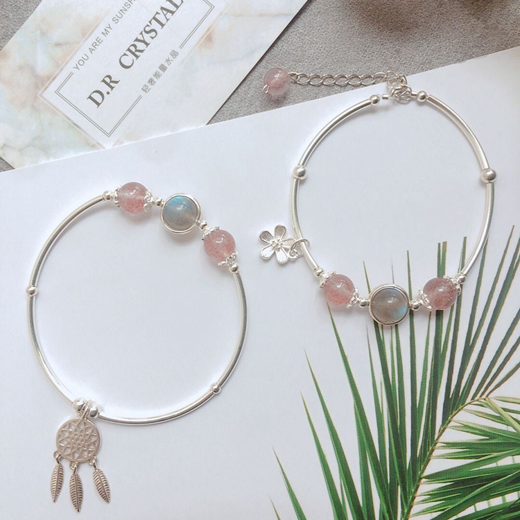 Tự nhiên Kyanite Strawberry Pha Lê Moonstone Thạch Anh Tím Dreamcatcher Hoa Màu Xanh Hành Tinh Sterling Silver Bracelet Bộ Quà Tặng