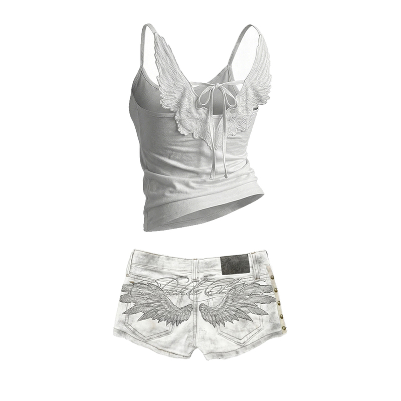 Liangban Pickled Vegetables # Holy Light Angel Set # Angel Wings Suspender Embroidered Rivet Denim Shorts Subculture Set