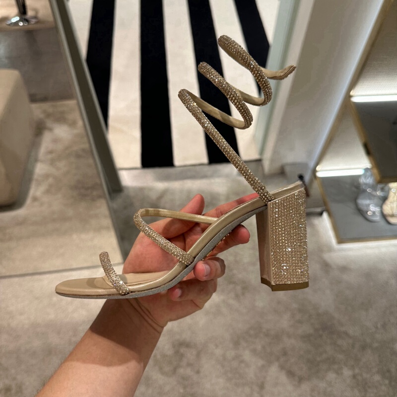 Stunning Rhinestone Snake-Shaped Winding High-Heeled Sandals for Women 2025 New Summer Sexy One-Strap High-Heeled Shoes with Thick Heels