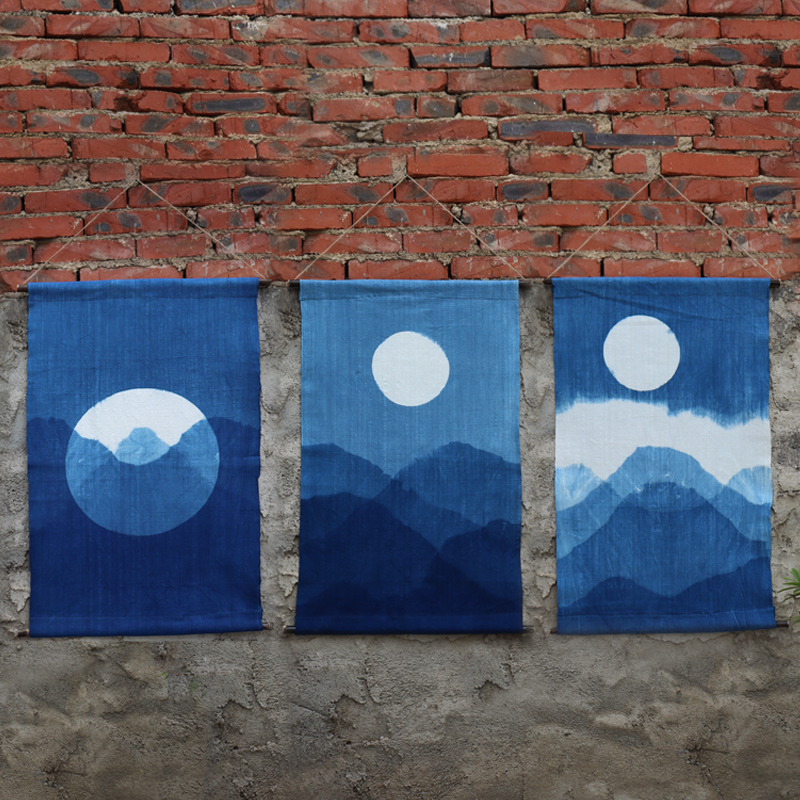 Blue Mountain plant blue dye hand-painted tie-dye hanging painting porch living room background wall inn homestay model room decorative murals