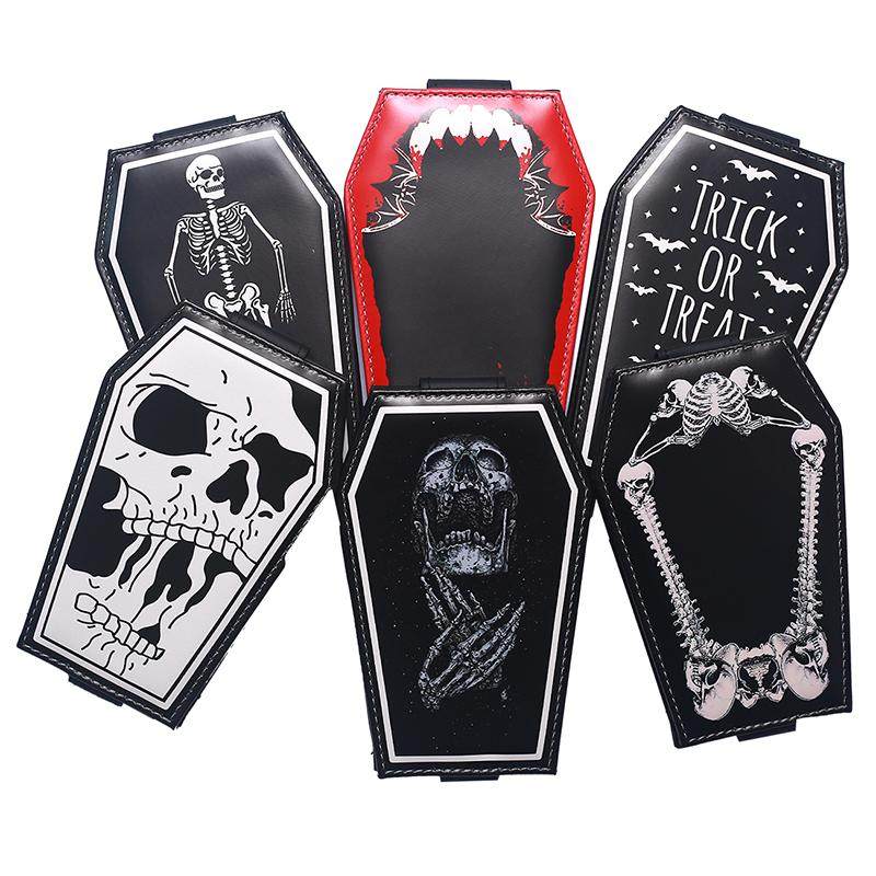 New retro gothic style card holder with dark skull print, creative coffin design, available for export.