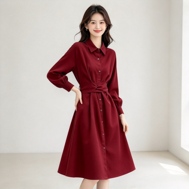 Retro Mature Style Burgundy Shirt Dress with Waist-Cinching Design, Lapel Collar, Single-Breasted, Mid-Length A-Line Dress