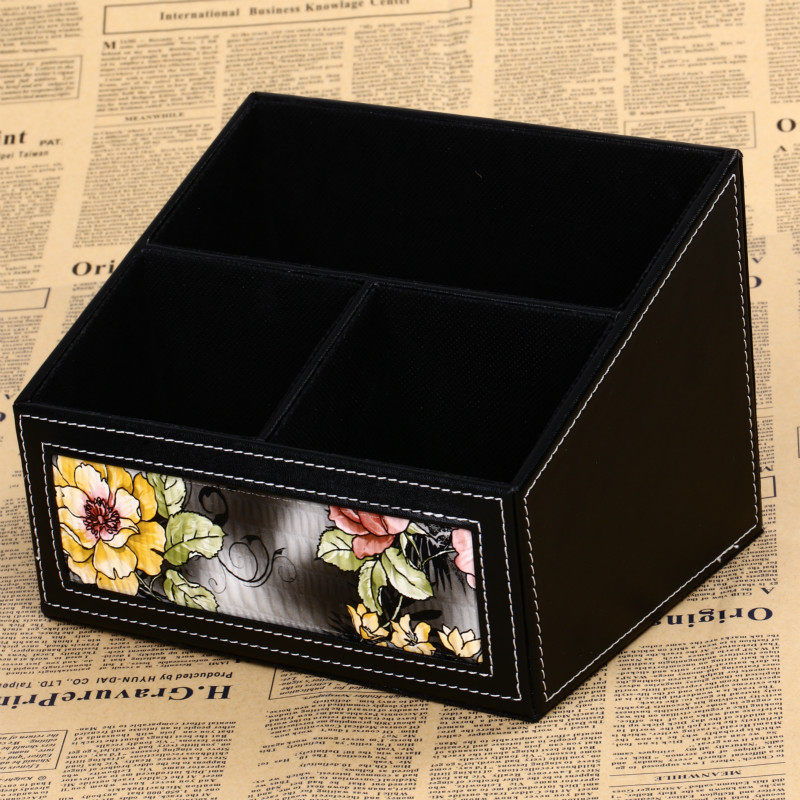 High-end Leather Art Multifunction Stationery Group Box Desktop Black Containing Box Stationery Remote Control Triple storage box