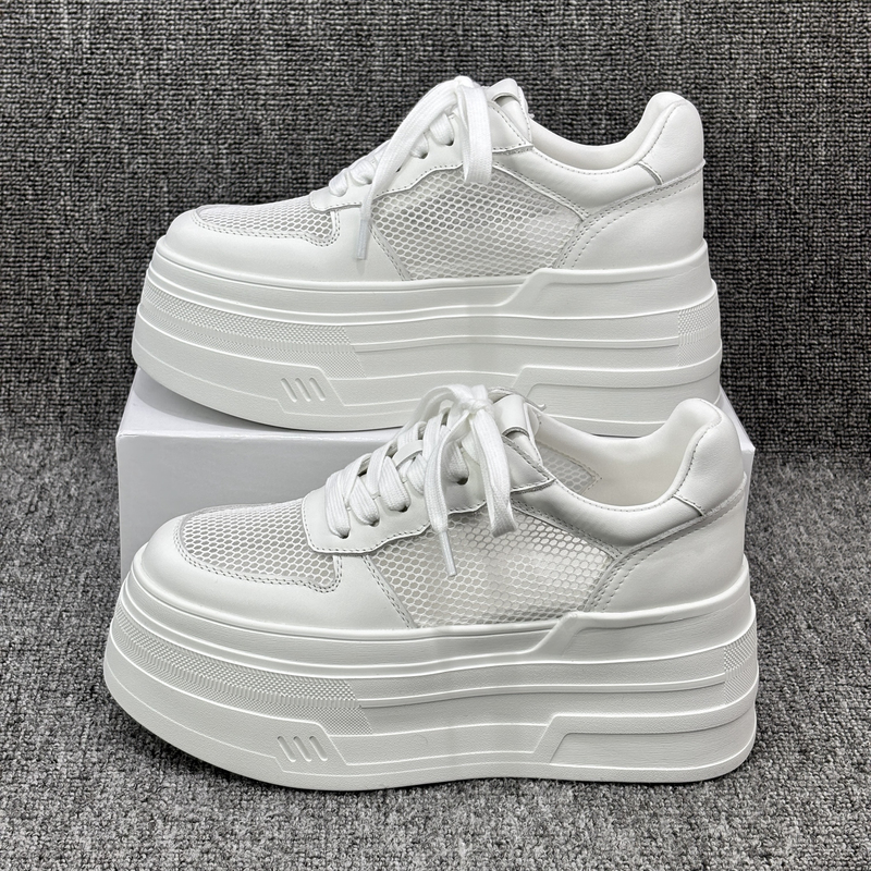 European Station's Super Popular 2026 New Genuine Leather Thick-Soled Platform Shoes, European Style Mesh Breathable Height-Increasing White Sneakers for Women