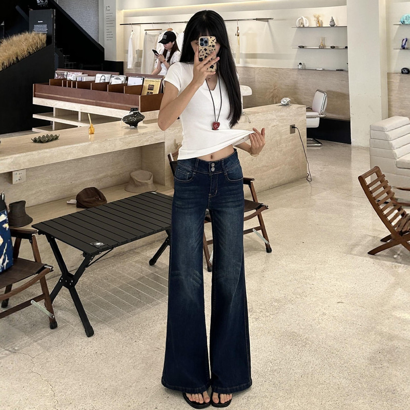 Dark Blue Low-Waisted Flared Jeans for Women, Summer 2026, Plus Size, Loose Fit, Slimming, Bell-Bottom, Floor-Length Pants