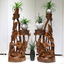 Root carving camphor wood every year has fish flower stand Lotus fish solid wood carved ornaments home living room decorations housewarming gifts