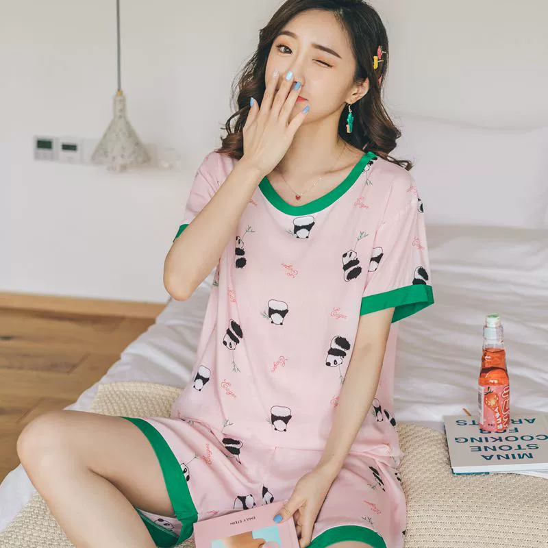 Bộ đồ ngủ dễ thương hoạt hình của phụ nữ mùa hè cotton lụa ngắn tay phù hợp với quần đùi có thể đi ra ngoài rayon cotton lụa mỏng dịch vụ tại nhà - Giống cái