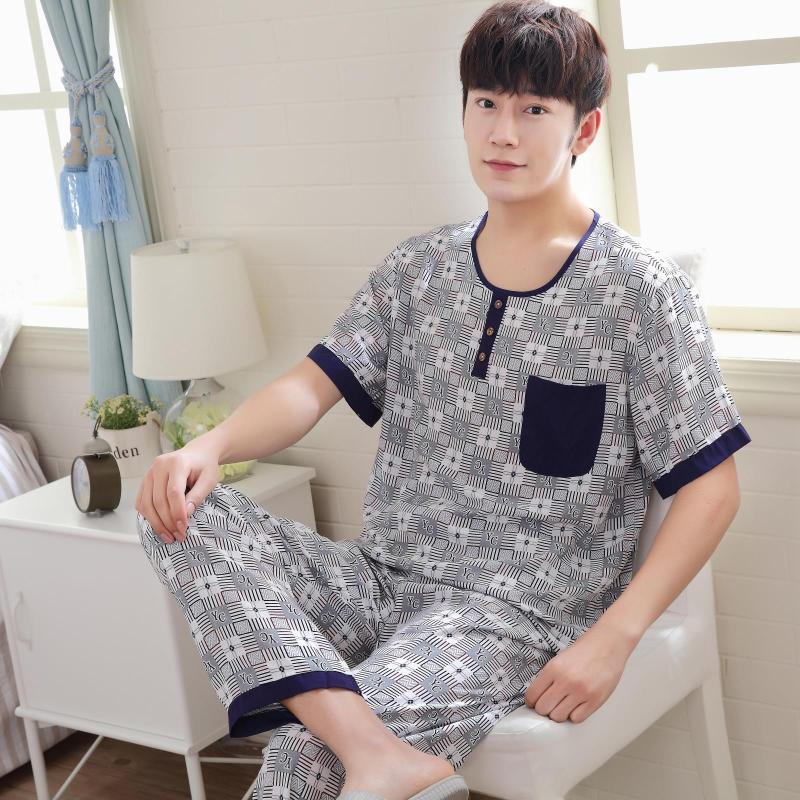 Bông lụa trung niên đồ ngủ nam mùa hè cotton quần ngắn tay đồ ngủ phù hợp với giản dị bông lụa dịch vụ nhà