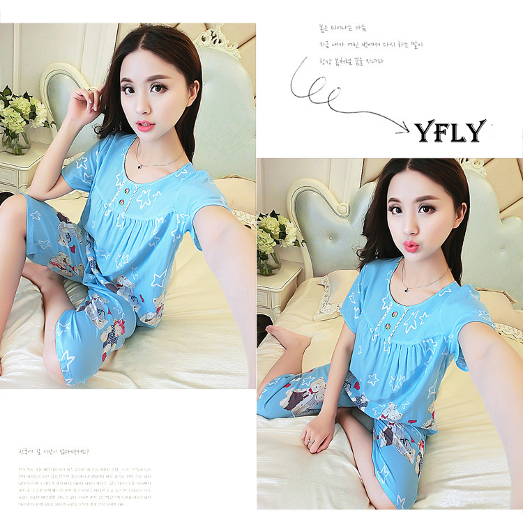 Bông lụa đồ ngủ nữ mùa hè cotton ngắn tay quần của phụ nữ mùa hè kích thước lớn cotton silk đồ ngủ nhân tạo cotton dịch vụ nhà phù hợp với