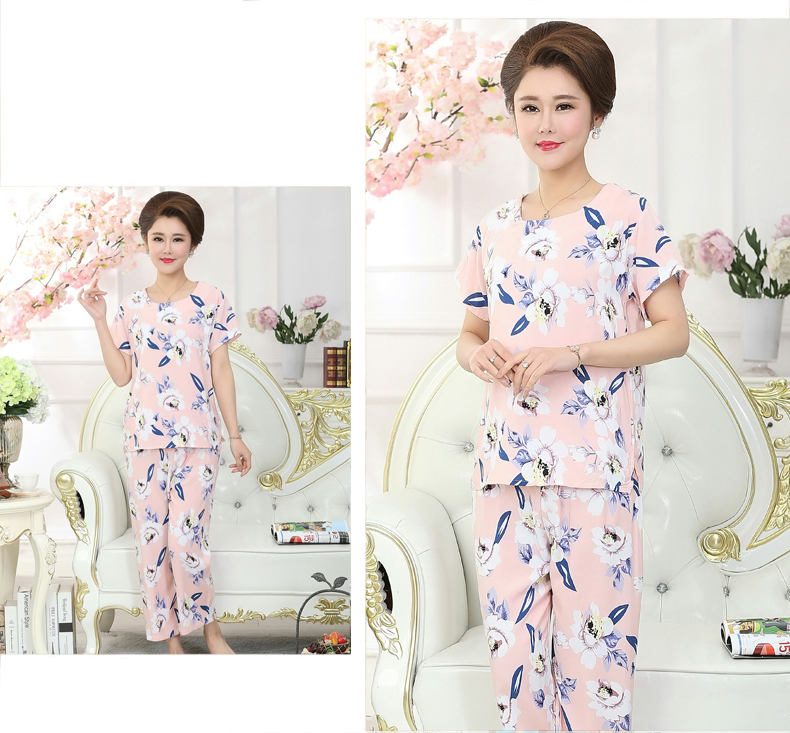 Bông lụa đồ ngủ nữ mùa hè bông nhân tạo trung niên ngắn tay mẹ phù hợp với phần mỏng mỏng có thể được đeo bên ngoài cotton lụa dịch vụ nhà