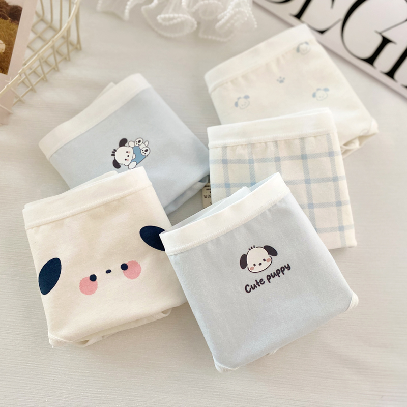Underwear for Girls, 5 Pieces, Class a Cotton, Pure Cotton Crotch, Student Girls, High School Students, Triangle Briefs, Japanese Style, Cute Cartoon, Blue and White