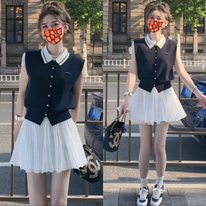 College Style Color-Block Sleeveless Knit Cardigan, Lightweight Women's Summer Design, Single-Breasted Polo Collar Vest Top