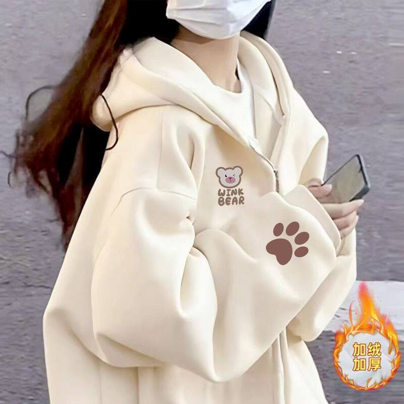 Korean Style Cartoon Bear Print Hooded Cardigan Sweatshirt for Women, Autumn and Winter Fleece-Lined, Niche Design, Loose and Versatile Jacket