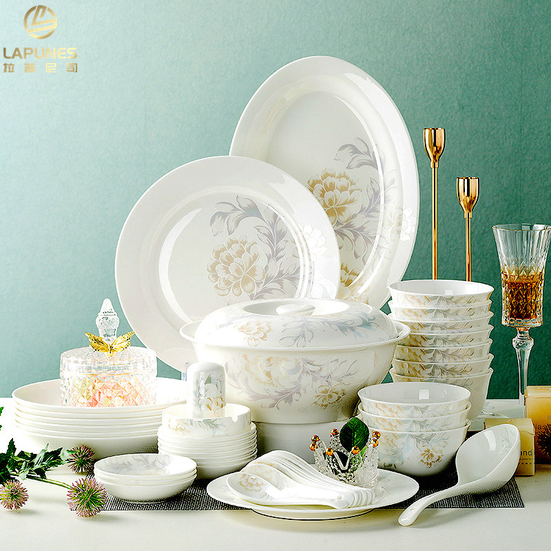 Lapunes high-grade bone china bowls and plates ceramic household anti-scalding bowls, plates and chopsticks set housewarming Nordic style tableware
