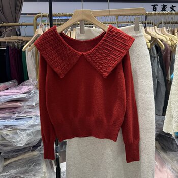 Korean Style Large Lapel Knit Sweater for Women, Red Pullover Sweater with a High-End Feel, Gentle Doll Collar Top 39-001