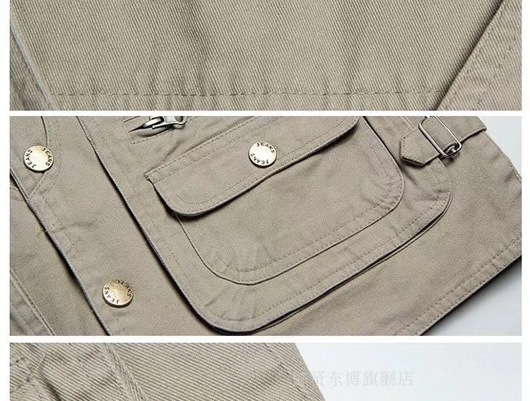 Áo thun nam mùa thu nhiều túi cotton đơn cổ chữ V chụp ảnh giải trí câu cá giải trí nhiều túi vest vest cỡ lớn áo ba lỗ nam tập gym