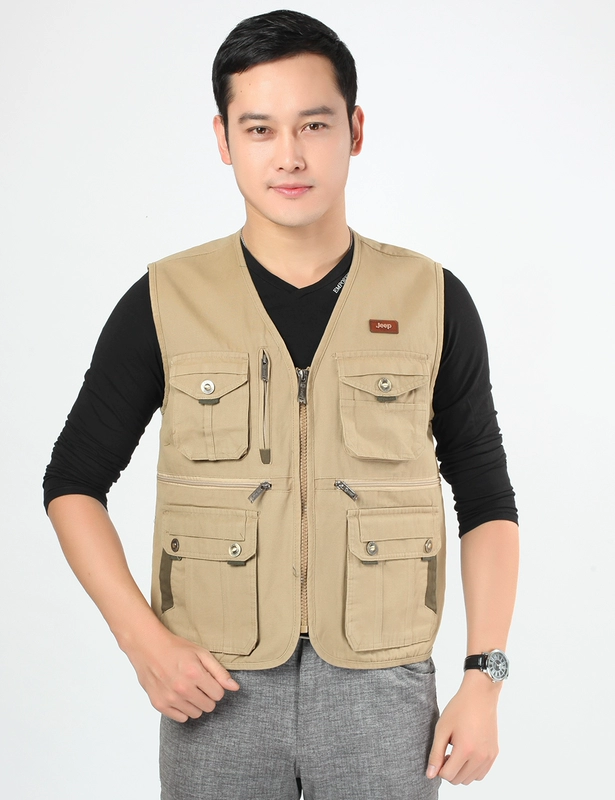 Mùa xuân và mùa thu nam trung niên cotton V-cổ cỡ lớn nhiều túi vest giản dị câu cá nhiều túi chụp ảnh vest áo ấm nam mùa đông