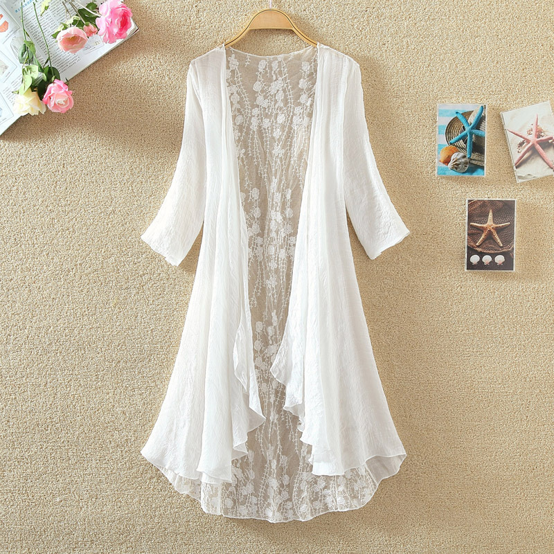 2026 Summer New Sun Protection Clothing for Women, Lace Air Conditioning Shirt, Mid-Length Cardigan, Beach Vacation Cotton and Linen Thin Coat, Shawl