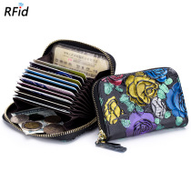 Theft-proof anti-degaussing multi-clamping genuine leather womens card bag fashion hand-painted rose large capacity zipper zero money document bag