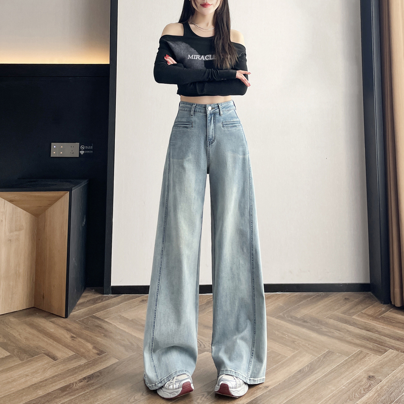 Light Blue Wide-Leg Jeans for Women 2026 Spring and Autumn New High-Waisted Slim-Fit Stretch Design Loose Slimming Straight-Leg Pants