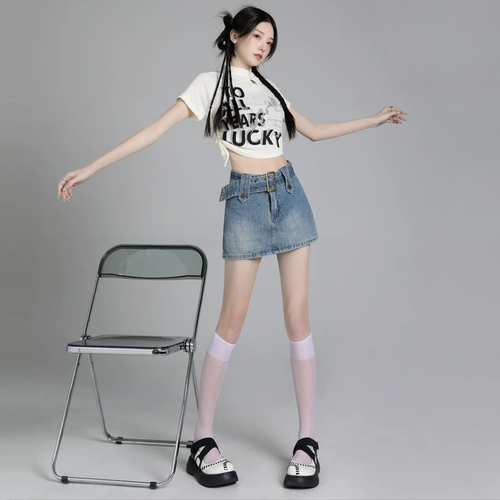 Ретро юбка в складку, летняя джинсовая юбка, ремень, штаны, в американском стиле, высокая талия, по фигуре, А-силуэт