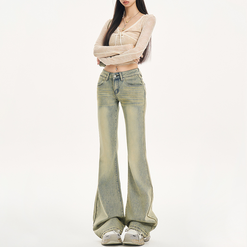 Yellow Mud-Colored Flared Pants for Petite Women with Pear-Shaped Bodies, Slimming, New Low-Waisted American Retro Jeans