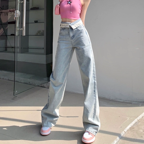 Светлые ретро весенние прямые свободные джинсы, летние дизайнерские штаны, в американском стиле, высокая талия, свободный крой, тренд сезона