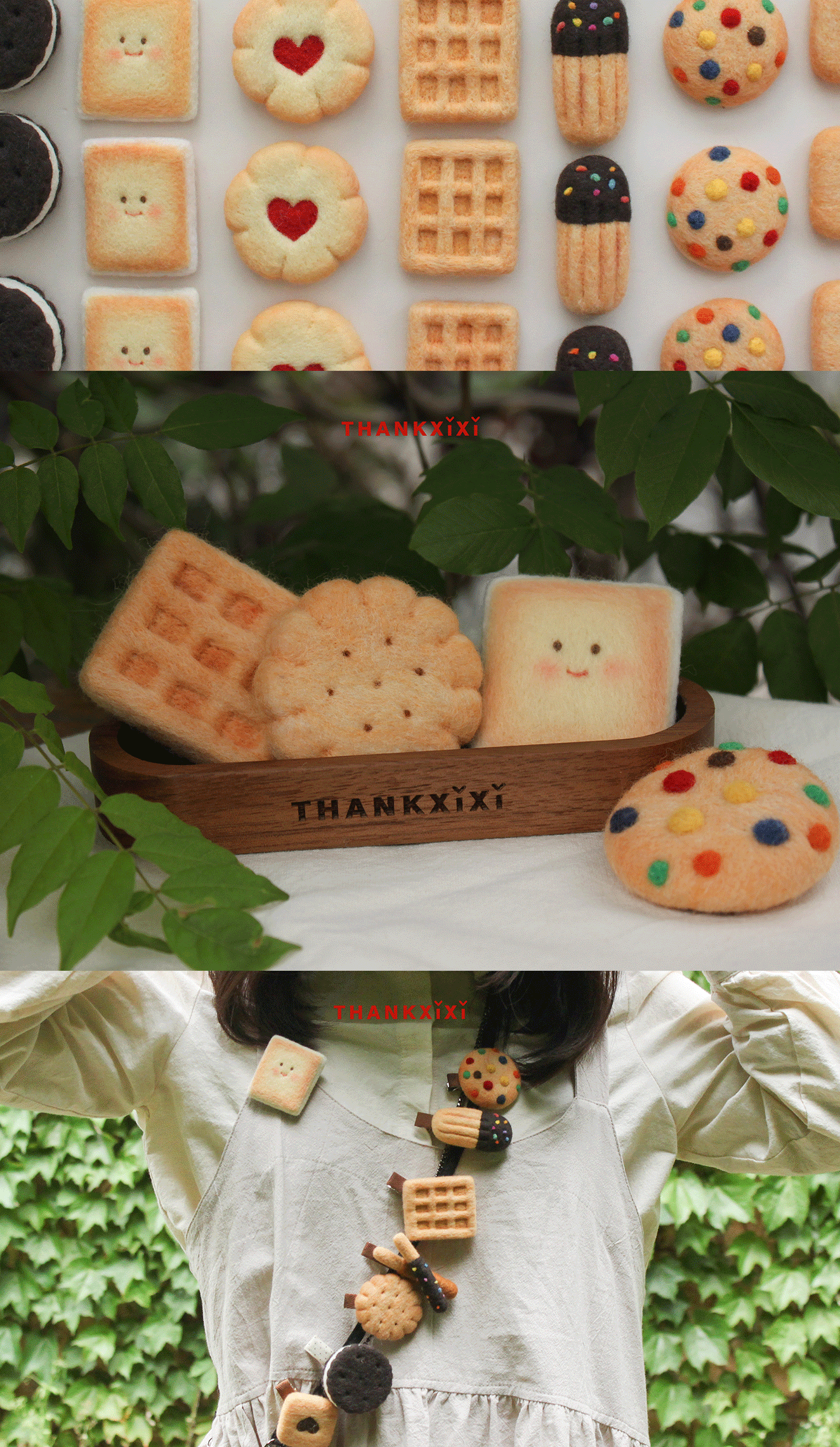 羊毛フェルト 手作りワッフル ワッフルブローチ/ピン/マグネット