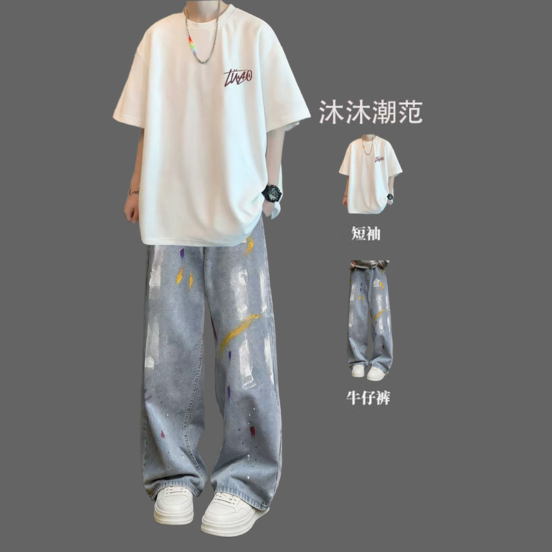 American-Style Heavyweight Short-Sleeved T-Shirt Paired with Jeans Set for Men, Summer Trendy Fashion, Loose and Handsome Two-Piece Set American-Style Heavyweight Short-Sleeved T-Shirt Paired with Jeans Set for Men, Summer Trendy Fashion, Loose and Handsome Two-Piece Set