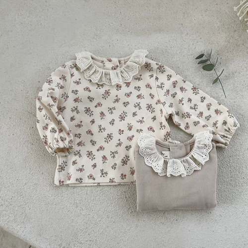 Брендовый детский осенний кружевной приятный телу лонгслив подходит для мужчин и женщин, в корейском стиле, детская одежда, в западном стиле, цветочный принт, круглый воротник