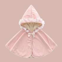 Girls hooded thickened cloak autumn and winter baby velvet windproof warm shawl coat baby fashionable outing clothing