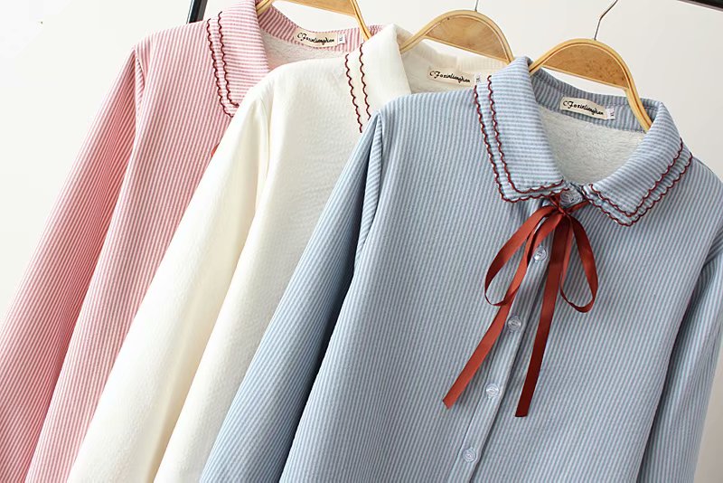 Quần lửng nữ size lớn mùa thu và đông mới phiên bản Hàn Quốc của MM béo là áo sơ mi mỏng 200 kg cộng với áo nhung dày làm ấm áo phụ nữ áo sơ mi nữ cổ sen tay dài