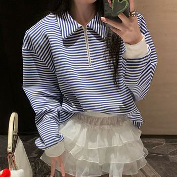 Korean Style Casual Half-Zip Polo Collar Striped Long-Sleeve Sweatshirt for Women, Early Autumn New Sweet Cake Puffy Skirt