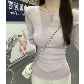 Gentle Purple Pure Desire Patchwork See-Through Long-Sleeved Wool Knitwear for Women, New Autumn Korean Style Simple Round-Neck Sweater
