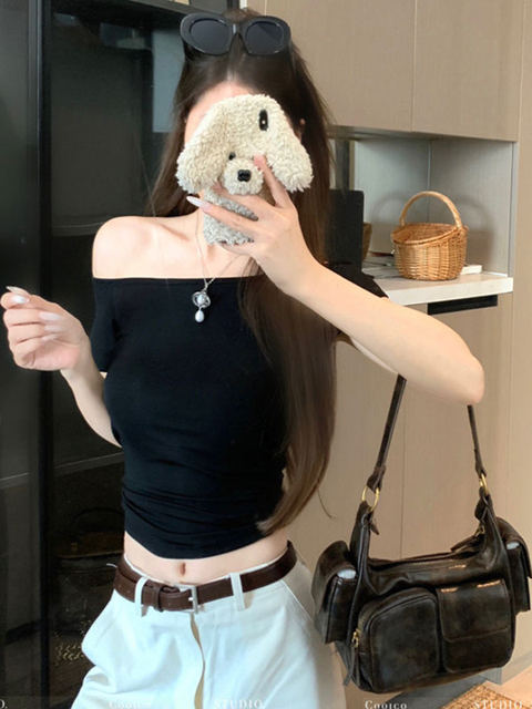 Sexy Hollow-Out Backless Off-Shoulder Short-Sleeve T-Shirt for Women, 2026 Summer New Style, High-Waisted Short Top