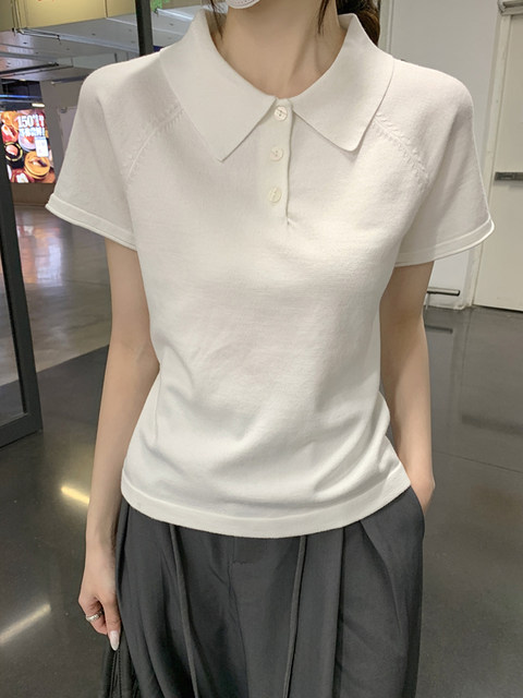 Ins Simple Style Gray Raglan Short-Sleeved Knitwear for Women Summer New Korean Style Polo Collar Casual Loose Top