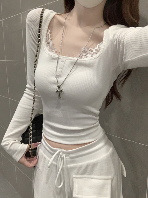Pure Desire Style Lace Splicing Square Neck White Base Shirt for Women, New Spring and Autumn Korean Version Slim Fit Sexy Long-Sleeve T-Shirt for Women