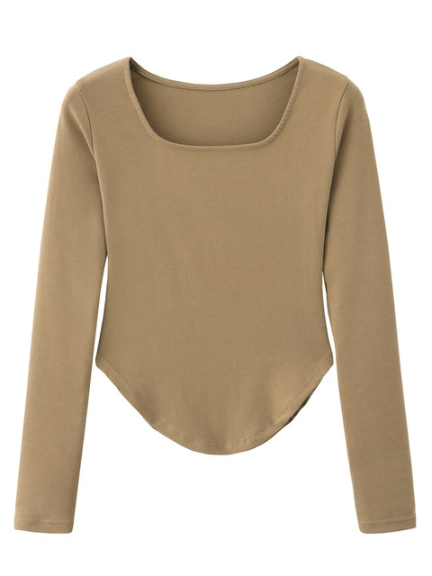 Pure Desire Style Irregular Square Neck Long-Sleeve T-Shirt for Women, White, New Spring Korean Version, Slim Fit with Curved Hem Top