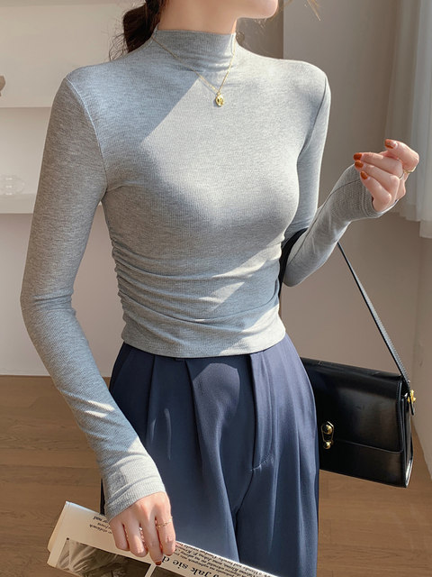 Stand Collar Pleated Women's Base Shirt, Fashionable and Stylish, Short Style, Early Spring New Korean Version, Slim Fit Long-Sleeved T-Shirt Top