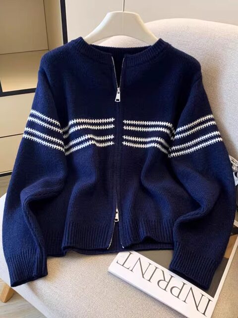 Korean Fashion Double Zipper Striped Long-Sleeved Sweater Jacket for Women Autumn and Winter New Style Simple Casual Versatile Knitted Cardigan