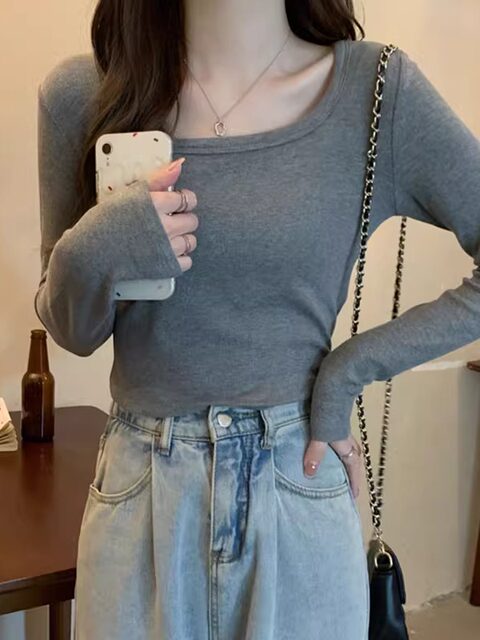 Petite Slim-Fit Square-Neck Long-Sleeve Inner T-Shirt for Women, 2025 Autumn New Basic Versatile Short Base Shirt