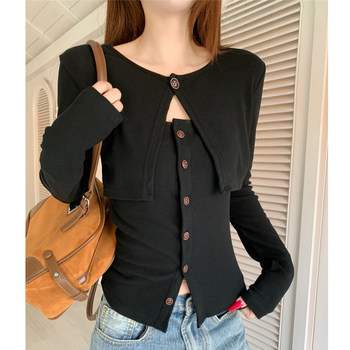 Chic Single-Breasted Faux Two-Piece Long-Sleeve T-Shirt for Women, 2026 Spring New Slim-Fit Pure Desire Style Design Cardigan