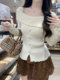Chic Ruffled Off-Shoulder Buttoned Long-Sleeve Knit Sweater for Women, New Autumn and Winter Slim-Fit Sweet Pullover Sweater for Women